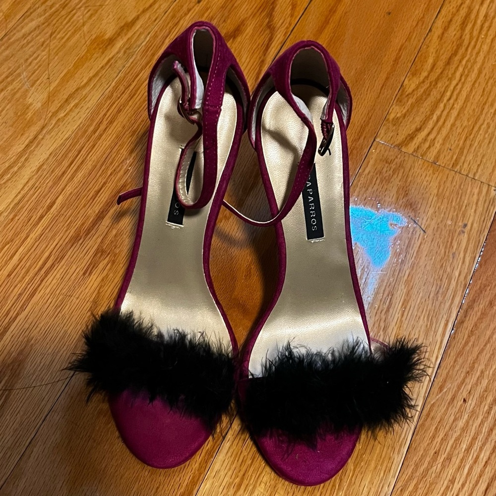 Purple heels with fuzzy details